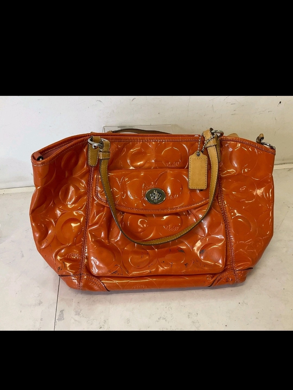 Coach Orange Patent Leather Signature Tote
